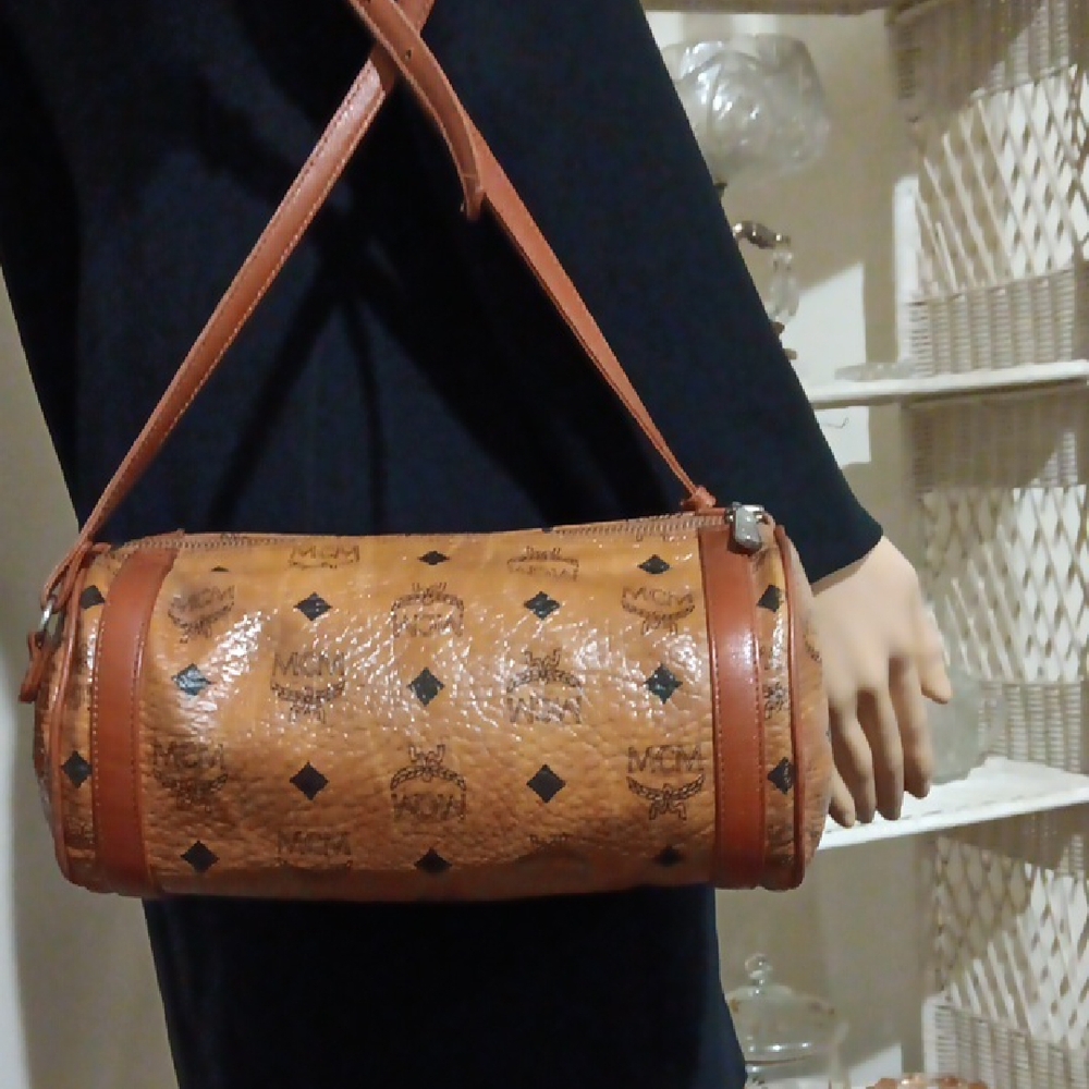 MCM Cognac Crossbody Barrel Bag with Logo Pattern EUC - Picture 4 of 13